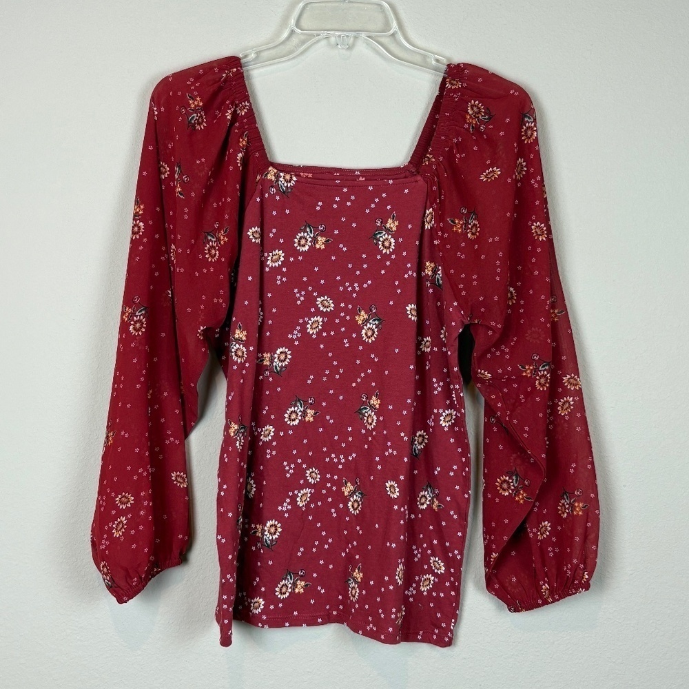 Loft Outlet Rust Floral Wide Neckline Sheer Long Sleeve Peasant Blouse; Size M
